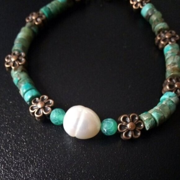 Green Sea Sediment Jasper + Copper Flowers + Real Pearl - Dainty Girly Tomboys - Picture 6 of 7